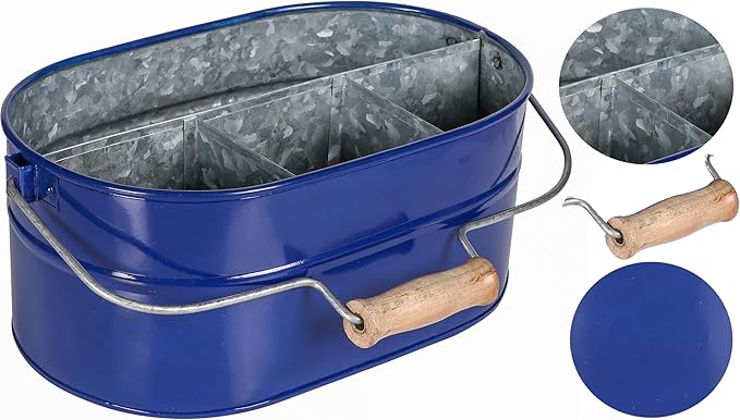 Alpha Living Home 4-Section Galvanized Utensil Caddy – Cobalt Blue Farmhouse Organizer with Removable Handle, 13.5"x10"x5.5" – Versatile Storage for Kitchen, Outdoor & Party Essentials