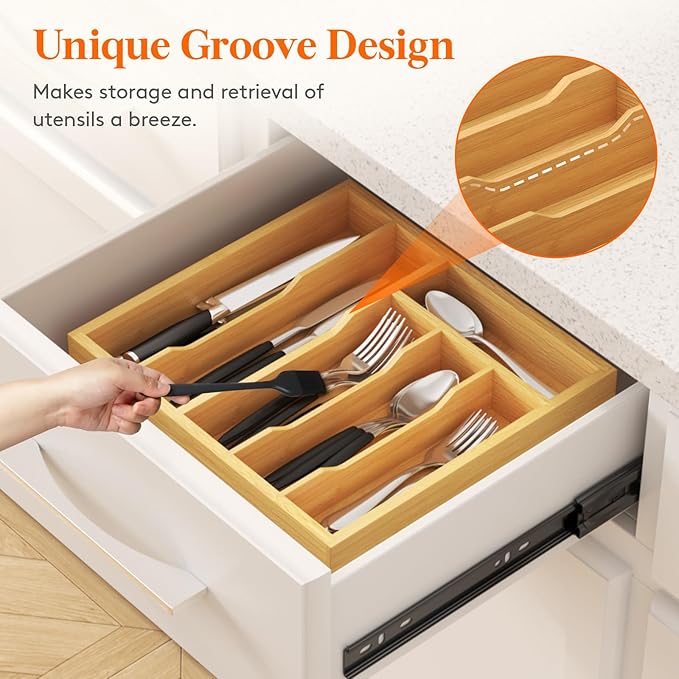 Lifewit Silverware Drawer Organizer Tray, Bamboo Cutlery Storage for Kitchen Drawer, 6 Compartment Flatware and Utensil Holder Divider for Spoons Forks Knives Tableware, Natural