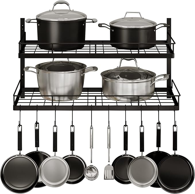 2 Tiers Hanging Pot Rack Wall Mounted, Large Weight Capacity Pots and Pans Hanging Rack with 10 Hooks for KItchen Organizer Storage(Heavy Duty)