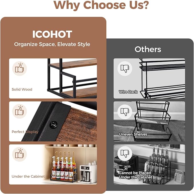 Coffee Syrup Organizer, 2-Tier 10 Syrup Bottles Rack for Coffee Bar, Liquor Bottle Display Shelf Holder Bar Shelf Stand Countertop Rack for Syrup, Wine, Spice