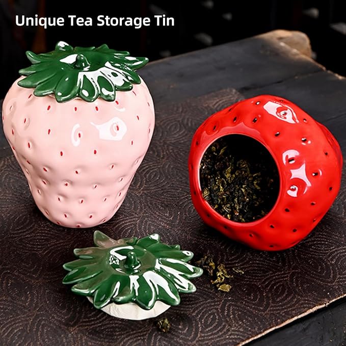 2 Pack Ceramic Strawberry Jars, Strawberry Shaped Canisters With Lids, Unique Multifunction Tea Storage Tin, Farmhouse Food Container for Sugar Biscuit, Strawberry Decor for Home, Red Pink
