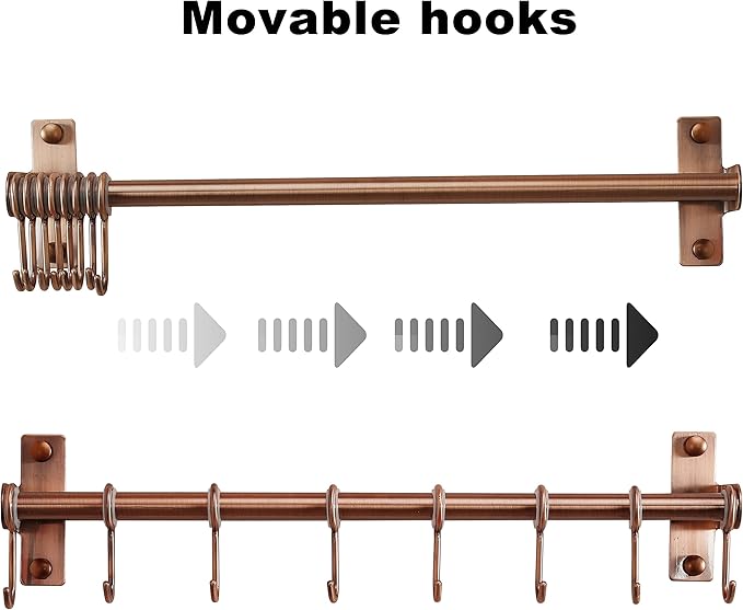 Dseap Kitchen Hooks for Hanging Utensils, Hanging Pot Rack, Kitchen Utensil Hanger Rail with 8 Hooks for Pots Pans, Spoons, Mugs, Wall Mounted, Stainless Steel, Antique Copper, Pack of 2