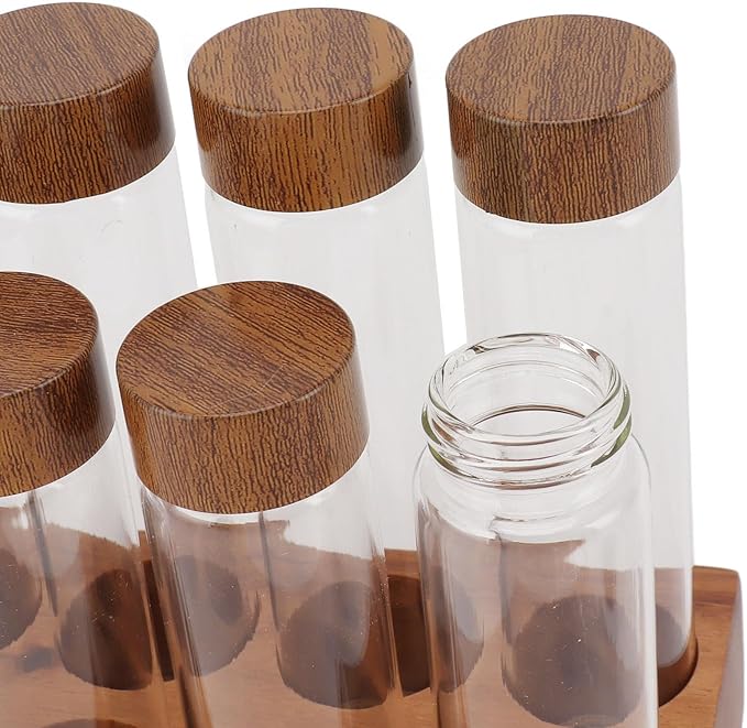 Coffee Bean Storage Tubes Single Dose, 6PCS or 12PCS Coffee Bean Cellar, Dosing Glass Vials with Lids, Wooden Display Stand and Funnel, Airtight Sealed Glass Canister Jars Tubes