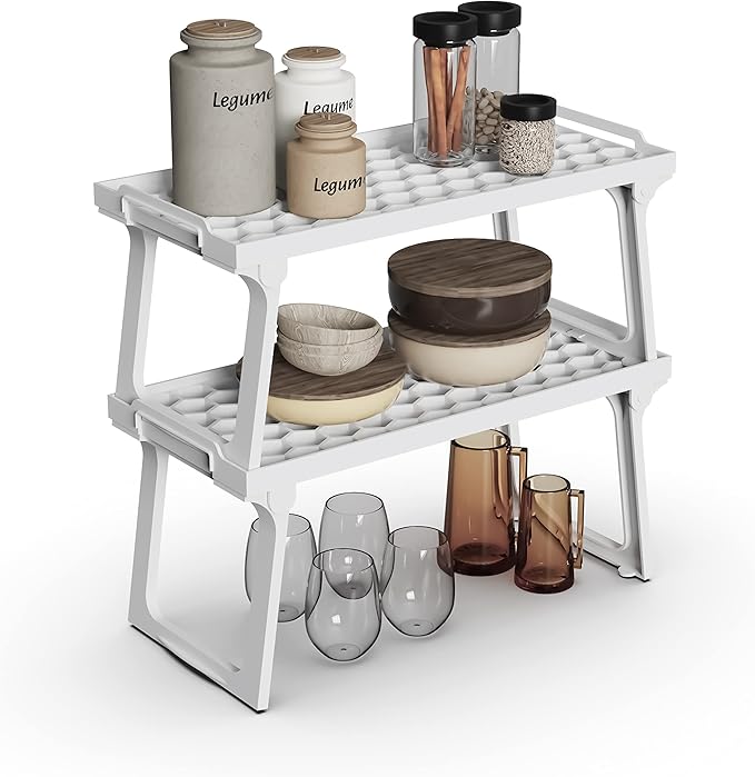 ums Kitchen Cabinet Shelf Organizers, White Plastic Stackable Freezer Rack, Shelf Riser, Usable Storage Rack for Your Spice, Refrigerator, Pantry (12 X 5.5 inch) Fridge Shelf Riser Pack of 2