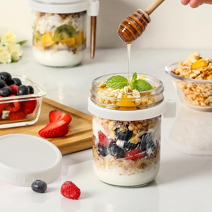 LANDNEOO 6 Pack Overnight Oats Containers with Lids and Spoons, 16 oz Glass Mason Overnight Oats Jars, Large Capacity Airtight Jars for Milk, Cereal, Fruit(White)