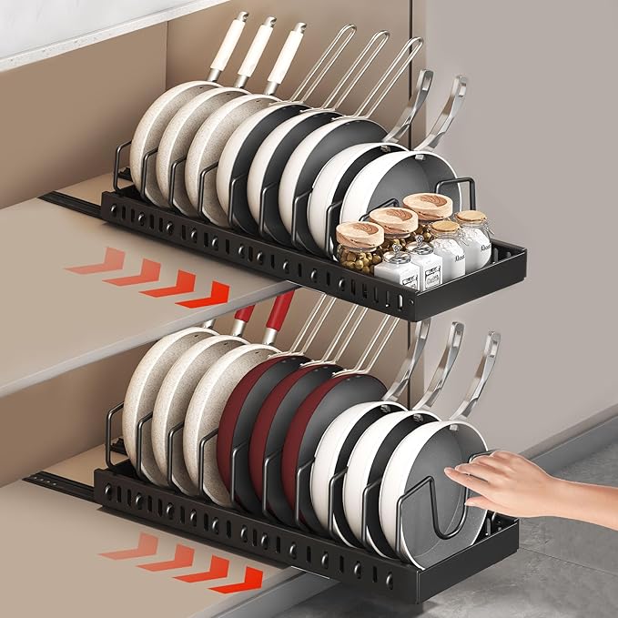 2 Pcs Pull-Out Pots and Pans Organizer Under Cabinet, Pot and Pan Organizers Inside Cabinet for Kitchen Cabinet Storage and Pots Storage Rack Pans Lid Dishes Holder Bakeware Organizer with Slide Rails