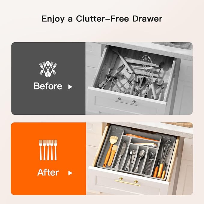 Pipishell Silverware Drawer Organizer, Expandable BPA-Free Kitchen Utensil Storage Tray for Forks, Spoons and Knives, Grey Plastic Cutlery Holder