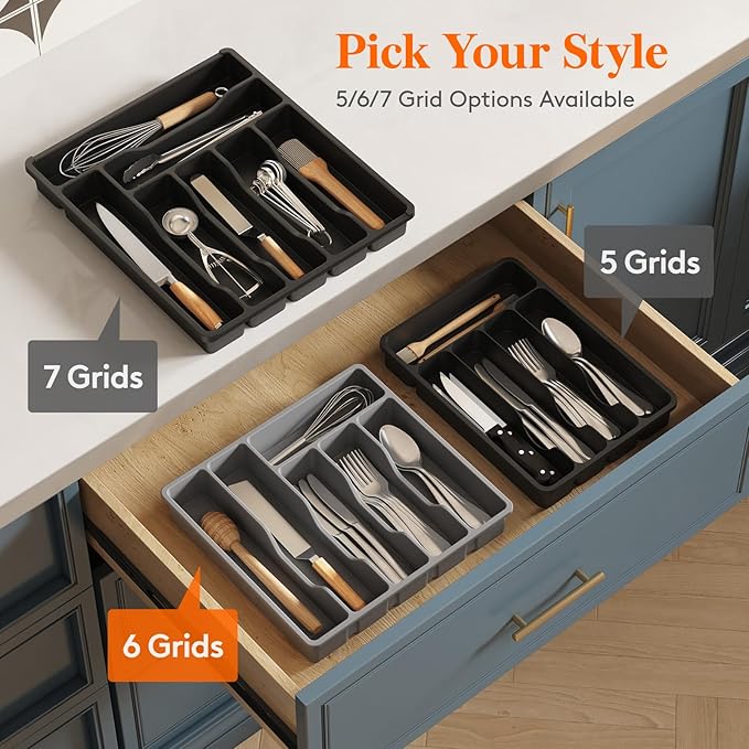 Lifewit Silverware Drawer Organizer Tray, Plastic Cutlery Storage for Kitchen Drawer, Flatware and Utensil Holder Divider for Spoons Forks Knives Tableware, 6 Compartment, Gray