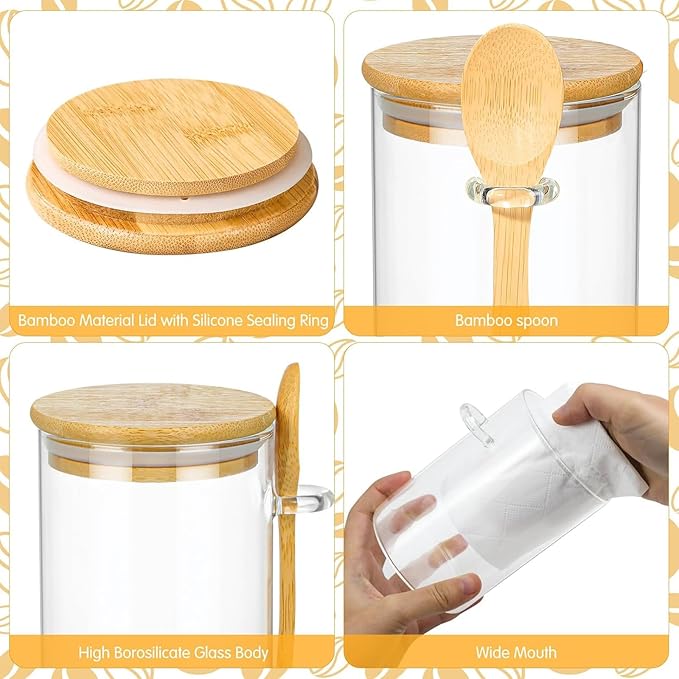 Qikuver 3 pack 18oz Airtight Glass Storage Canister with Bamboo Lids and Spoons Scoop, Food Glass Jars, Kitchen Organization Jar Set for Coffee Beans, Tea, Flour, Salt, Nuts, Candy, Cookie and More