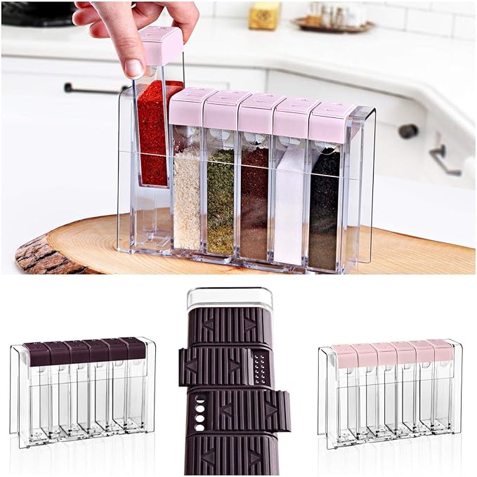 Glittering Bazaar Spice Shaker Jars Seasoning Box, Plastic Dispenser, Condiment Storage Container with Tray for Salt Sugar - Barbecue Box Racks -Transparent Grey Color, Set of 6