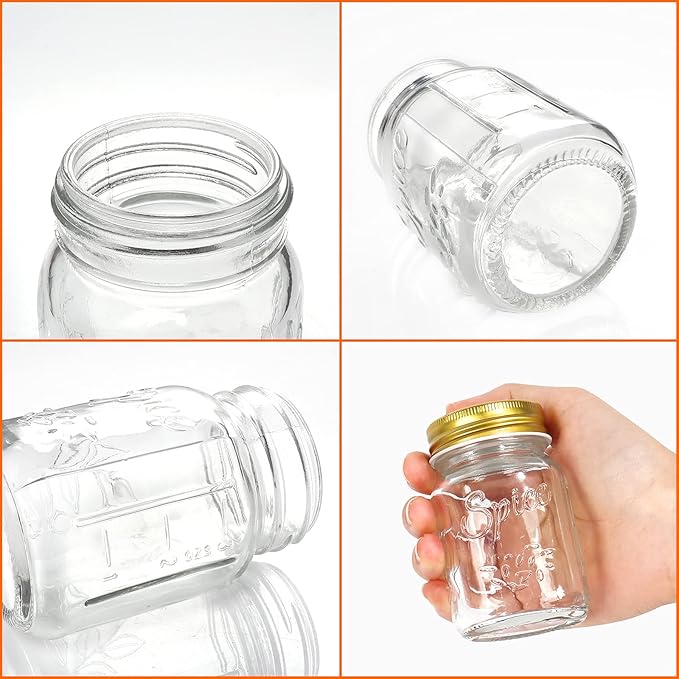 CycleMore 15 Pcs Glass Mason Spice Jars 4oz Empty Spice Bottles with Blank Labels and Shaker Lids, Gold Airtight Metal Caps, Chalk Marker and Collapsible Funnel Included