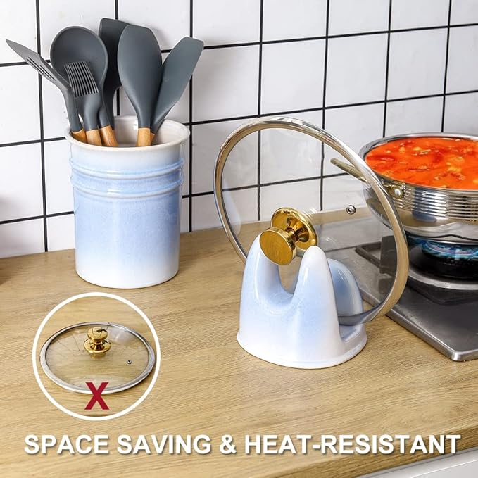 Nihow Pot Lid Holder: Stable Ceramic Pan Lid Holder for Kitchen Counter Decor/Counter top/Stove Top- Heat Resistant & Dishwasher Safe - Elegant White & Blue (1 PC)