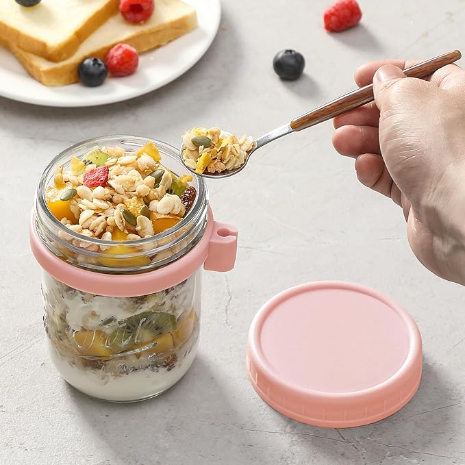 LANDNEOO 6 Pack Overnight Oats Containers with Lids and Spoons, 16 oz Glass Mason Overnight Oats Jars, Large Capacity Airtight Jars for Milk, Cereal, Fruit(Pink)