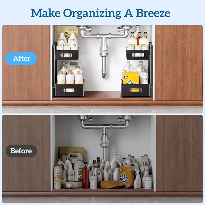 Organizer and Storage for Kitchen, Bathroom, Under Sink, Upgraded Guide Rail Design Smoothly Pulls Out Cabinet Organizer and Slides Out Sink Shelf Cabinet Storage Shelves XL