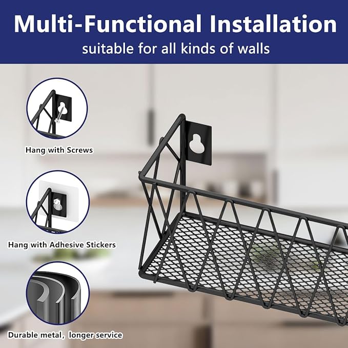 Hanging Spice Rack Wall Mount 4 Pack, Seasoning Rack Organizer Adhesive Spice Shelf Easy to Install, Kitchen Organization Cabinet Stand Space Saver, Metal, Black