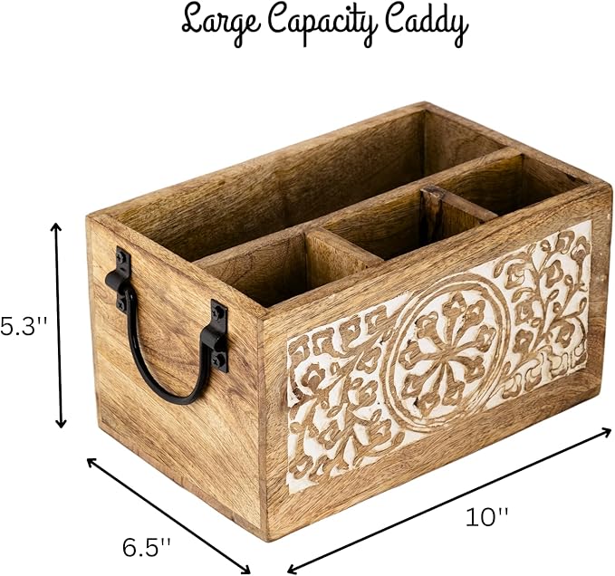 Mie Creations 4 Compartment Wooden Silverware Caddy Utensil Holder, Farmhouse Cutlery Flatware Organizer, Decorative Wood Caddy with Metal Handles for Kitchen, Buffet Party, Mothers Day Gift for Mom