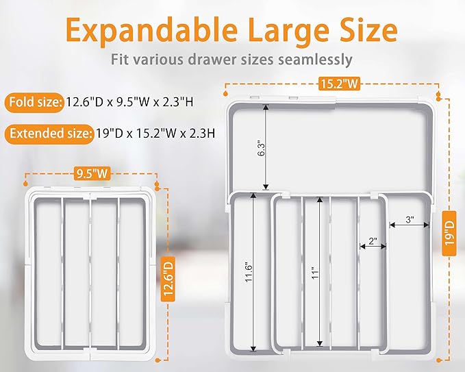 Homecor Silverware Drawer Organizer, Adjustable Kitchen Drawer Organizer, Expands from 4 to 7 Slots, Non-Slip BPA-Free Flatware Cutlery Utensil Holder for Forks Knives Spoons and Kitchen Utensil,White