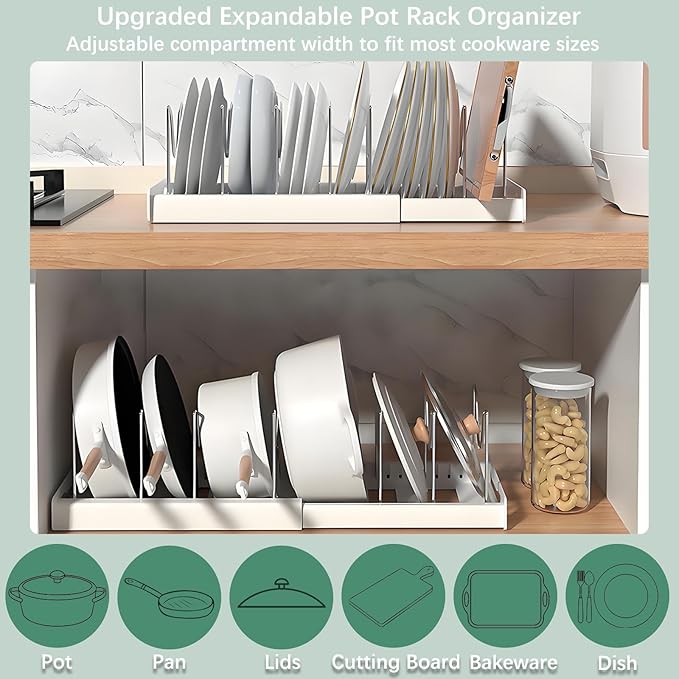 2 Pcs Pot and Pan Organizer, Expandable Pots and Pans Organizer Under Cabinet, Pot Lid Holder with 10 Adjustable Compartment for Bakeware, Cutting Boards, Lid, Dishes, Cookware (2 Pcs)