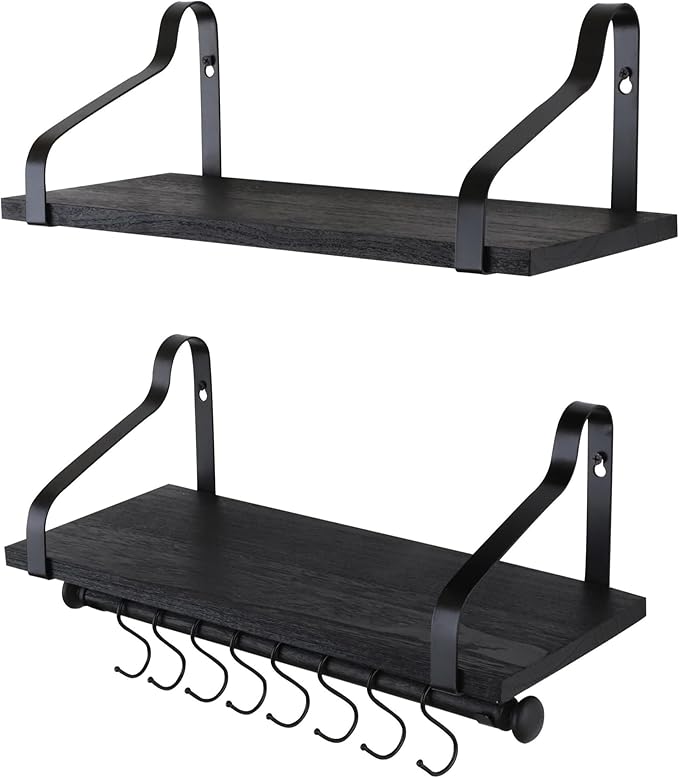 Gurfury Wooden Hanging Pot Rack with 8 hooks - Farmhouse Style Wall Mount Multifunctional Cookware Organizer Rack Kitchen Storage for Pans Utensils (Black)