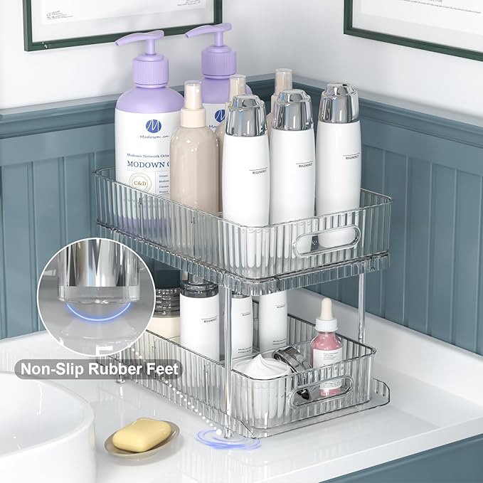 Fowooyeen 2 Pack Bathroom Cabinet Organizer, 2 Tier Pull Out Clear Under Sink Organizers and Storage, Multi-Purpose Kitchen Pantry Medicine Organization and Storage Shelves Bins with Movable Dividers