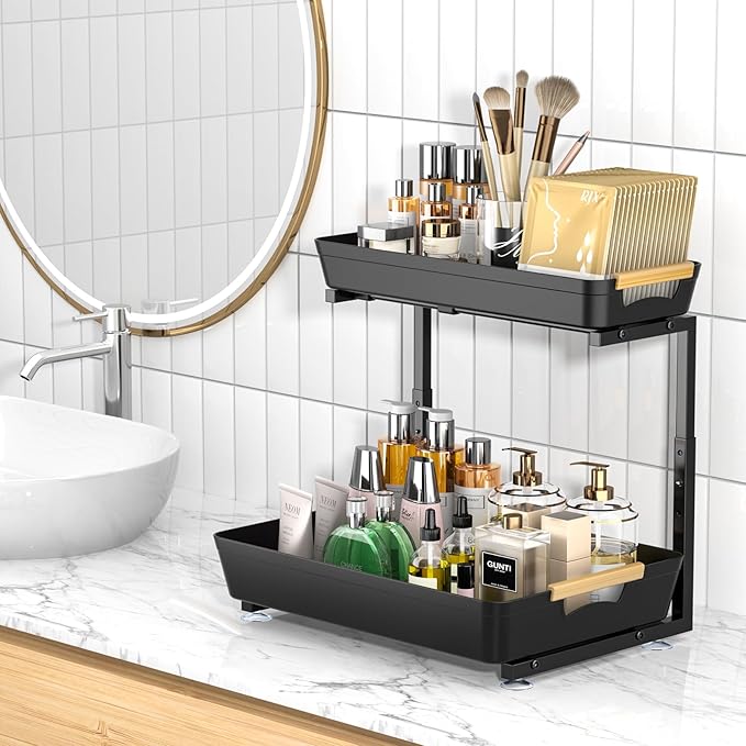 2 Pack Under Sink Organizer, 2 Tier Pull Out Under Sink Organziers and Storage, Height Adjustable Slide Out Under Sink Cabinet Organizer for Kitchen Bathroom Laundry