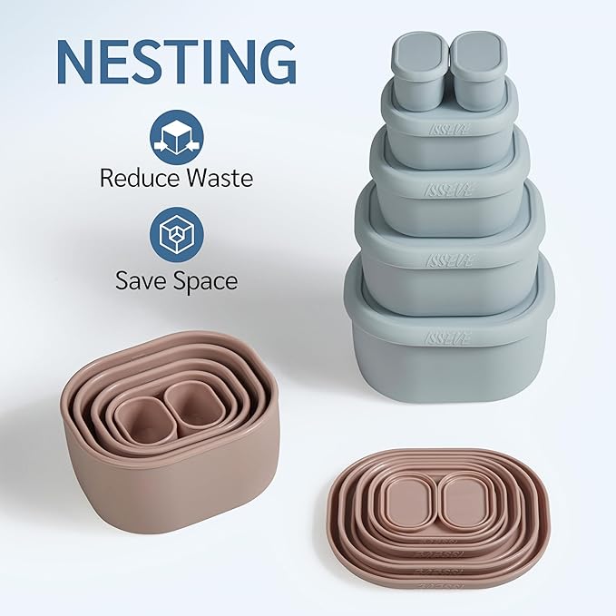 ISSEVE 12Pcs/Set Nesting Silicone Food Storage Containers with Lids, BPA Free Reusable Meal Prep Silicone Containers Airtight, Freezer Dishwasher Safe (33.8oz, 20oz, 10oz, 6.7oz, 1.3oz) (Pink)