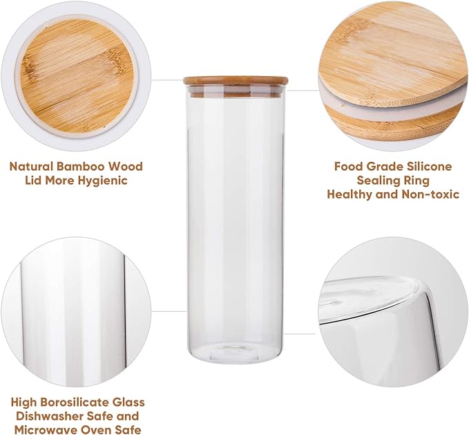 Glass Food Storage Containers Set,Airtight Food Jars with Bamboo Wooden Lids - Set of 5 Kitchen Canisters For Sugar,Candy, Cookie, Rice and Spice Jars
