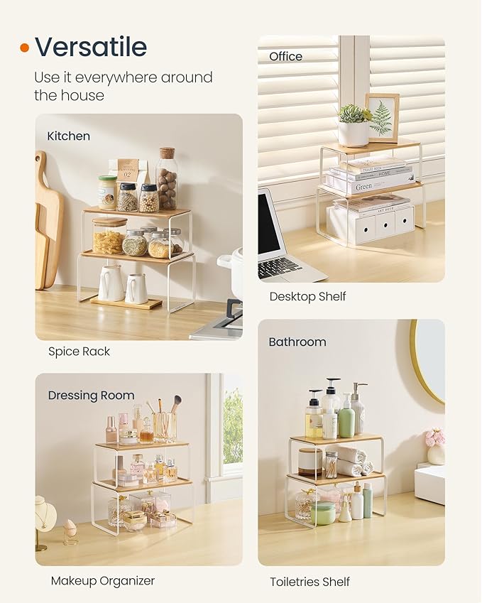 SONGMICS HOME Bamboo Cabinet Organizer Shelf, Nice-Looking Set of 2 Kitchen Counter Shelves, Kitchen Storage, Spice Rack, Stackable, Expandable,Natural Beige UKCS050N01V1