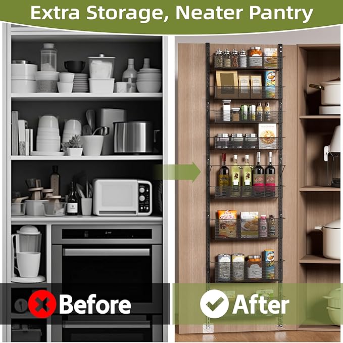 Over The Door Pantry Organizer, 8-Tier Pantry Door Organizer Shelves, Metal Hanging & Wall Mount Spice Rack Organizer, Pantry Door Organization for Pantry Kitchen Storage Room Spice Rack
