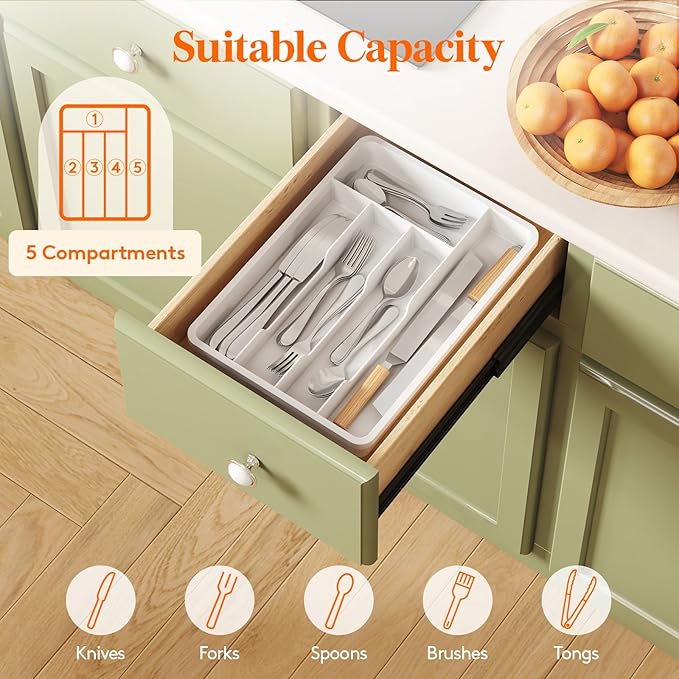 Lifewit Silverware Tray, Deep Wide Cutlery Drawer Organizer Storage for Kitchen, Plastic Flatware Utensil Holder Divider for Spoons Forks Knives Tableware, 5 Compartment, White