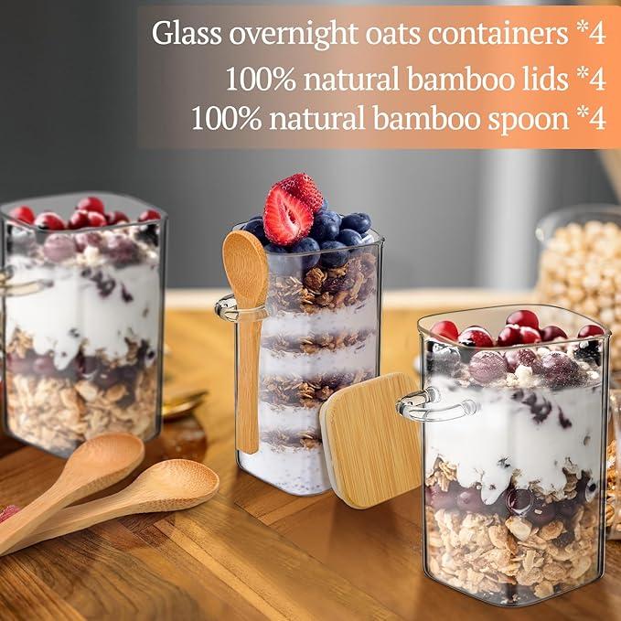 Pickmesh 4 Pcs Overnight Oats Containers with Lids and Spoons Overnight Oats Jars Oatmeal Cups Square Glass Meal Prep Container Storage Bottle Glass Jar for Pudding Yogurt (16oz, 10oz,Square Style)