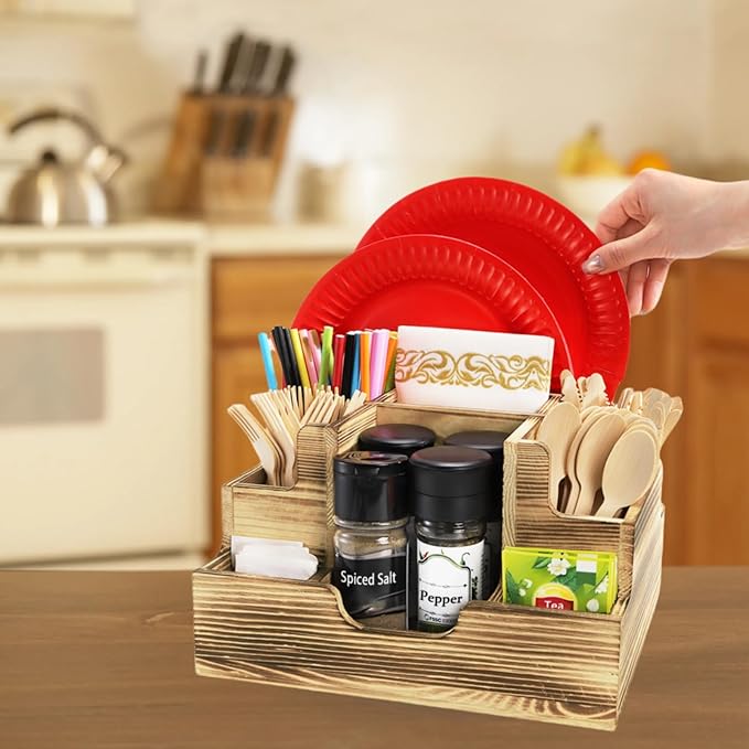 Paper Plate Dispenser, Wood Rustic Utensil Holder Silverware Caddy for Cups Spoons Forks Napkins, Cutlery Flatware Organizer with 9 Compartments for Party, Kitchen Countertop, Camping, Buffet