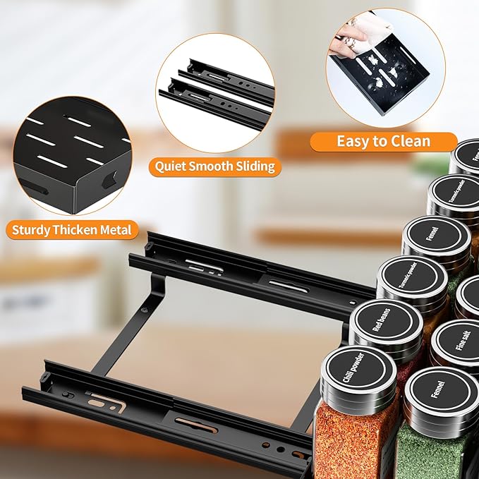 RCHYFEED Pull Out Spice Rack Organizer for Cabinet, Heavy Duty Slide Out Spice Rack for Inside Cabinets & Pantry, Kitchen Cabinet Seasoning Organizer Vertical Spice Racks,12.6" Wx10.5 Dx2.8 H,Black