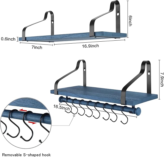 Gurfury Wooden Hanging Pot Rack with 8 hooks - Farmhouse Style Wall Mount Multifunctional Cookware Organizer Rack Kitchen Storage for Pans Utensils (Blue)