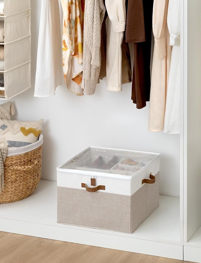 StorageWorks Shoe Organizer for Closet, Fits up to 16 Pairs, Shoe Cubby Storage Containers with Adjustable Dividers and Clear Cover, Brown & White