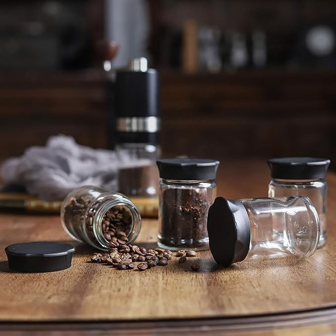 VEVOK CHEF Mini Glass Jars with Black Lids 2 pcs Food Storage Jar Kitchen Canister Small Coffee Tea Spice Storage Jar Set (4 Ounce) Gift