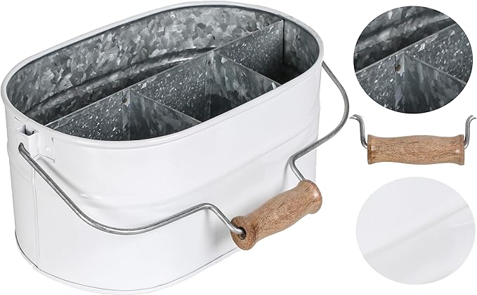 Alpha Living Home - Rustic Galvanized Metal Utensil Caddy – 4-Compartment Organizer with Removable Handle, White Farmhouse Chic Design for Kitchen, Picnics & Parties (13.5"x10"x5.5")