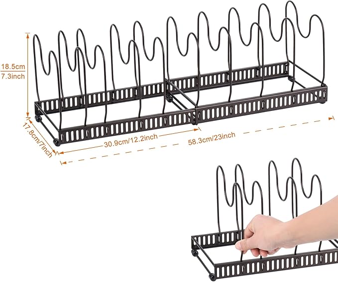 Toplife Pots and Pans Organizer Rack for Cabinet and Countertop, 10+ Pot Lids, Bakeware and Cookware Organizer Rack Holder with 10 Adjustable Compartments - Brown