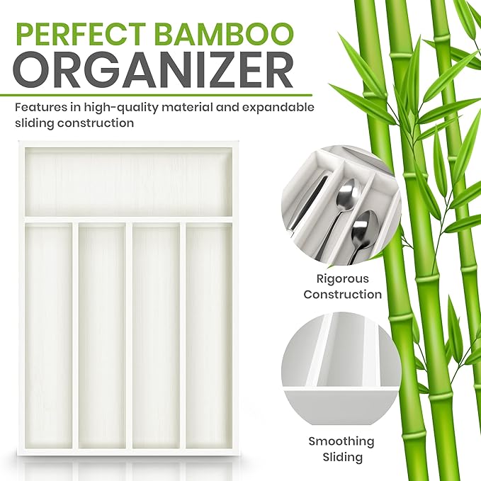 Utopia Kitchen Silverware Organizer, Bamboo Utensil Drawer Organizer for Cutlery, Utensils & Flatware (5 Compartment, White) Pack of 1