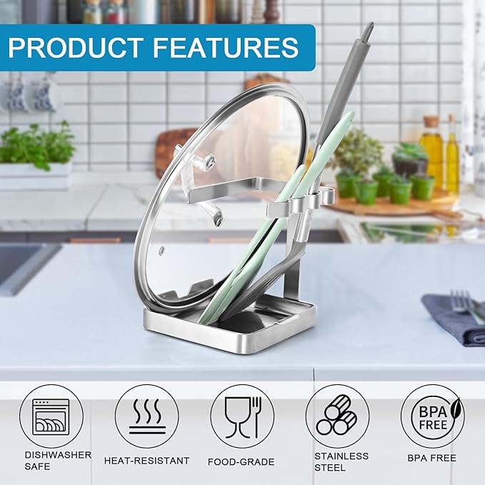 SOLEADER Vertical Spoon Rest and Lid Stand for Stove Top kitchen Utensils Pot Lid Holder and Organizer for Kitchen Counter Foodgrade Stainless Steel with Drip Tray and Handle