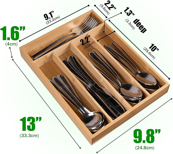 Silverware Organizer Bamboo Kitchen Drawer Organizer Kitchen Utensil Organizer with 5 Slots Flatware Organizer Tray for Kitchen, Flatware, Utensils(Natural)
