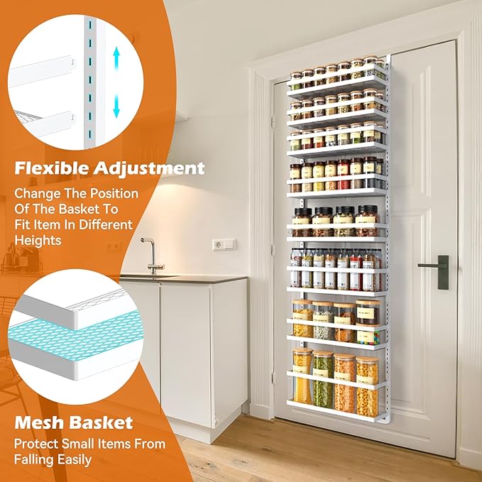 8-Tier-Over-the-Door-Pantry-Organizer W/ Adjustable Basket&Fence,Large Wall Mount Spice Rack Organizer, Hanging Spice Seasoning Shelf Organization For Kitchen Cabinet Door, Bathroom Door Storage