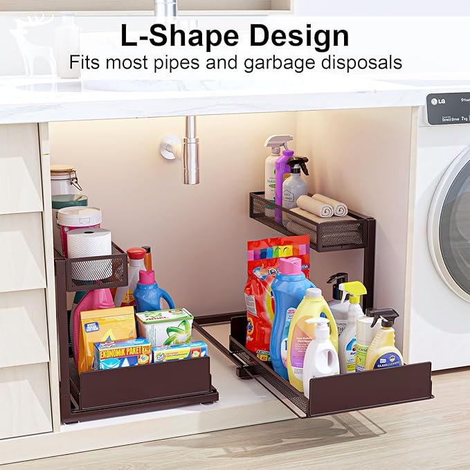 2 Pack Under Sink Organizer and Storage, 2 Tier Pull Out Cabinet Organizer, Slide Out Under Sink Storage Shelf, Undersink Organizers Shelves for Kitchen Bathroom Pantry Organization (Bronze)