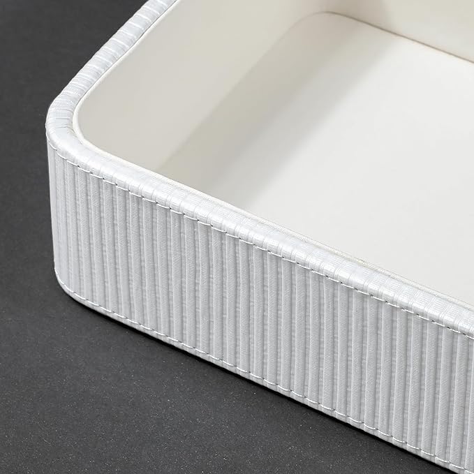 PU Leather Valet Tray Organizer, Small Nightstand Organizer Bedside Desktop Storage for Womens and Men, Perfume Trinket Catchall Vanity Tray for Key Watch Wallet (White, Rectangular)