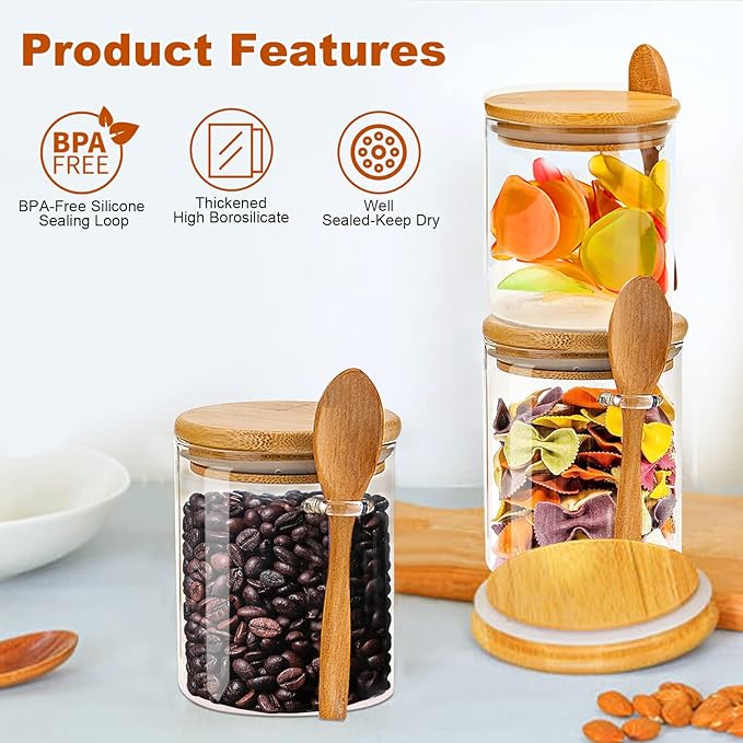 Glass Jar with Bamboo Lids,Overnight Oats Containers with Lids,Glass Food Storage Jars Containers,Kitchen Canisters for Candy,Cookie,Coffee,Sugar,Tea,Nuts,18.5oz/540ML(6PCS)