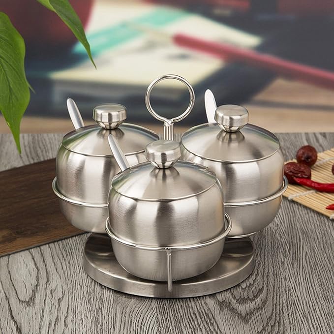 Stainless Steel Condiment Seasoning Container Pots Set with Spice Rack Large Capacity Tone to Store, Sugar, Salt, Oil, Spices Condiment Jars Storage, Silver
