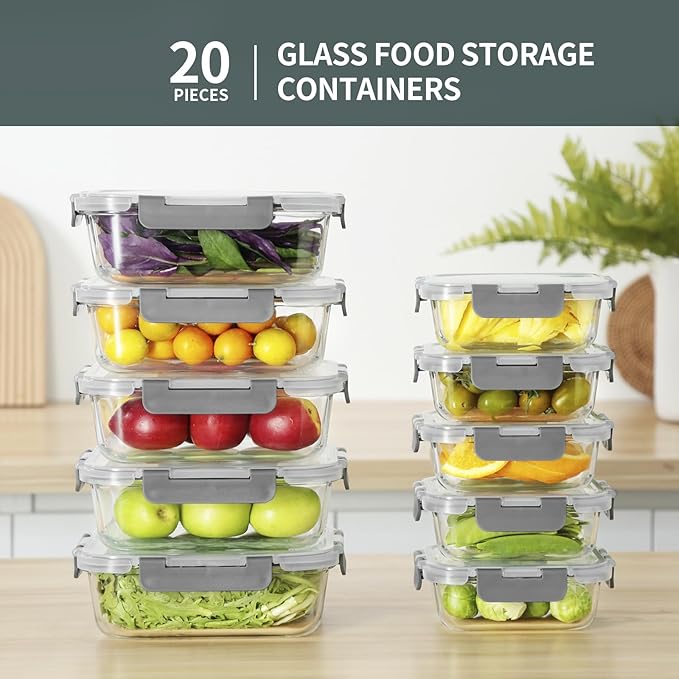 Glass Food Storage Containers with Lids,20 Pieces Glass Storage Container sets,Meal Prep Container,Airtight Glass Lunch Containers,Leakproof,BPA Free(10 lids & 10 Containers)