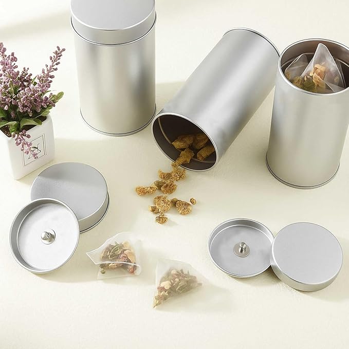 6 Pack Tea Tin Canister with Airtight Double Lids, 12 Fluid Oz Round Metal Canisters – Small Kitchen Storage Containers for Tea, Coffee, Candy, Sugar, Spices (Silver)