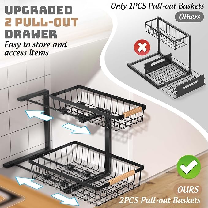 Under Sink Organizer and Storage, 2 Pack Slide Out Under Cabinet Storage Pull Out Sink Shelf Cabinet Storage Shelves, Undersink Organizers for Kitchen Bathroom Cabinet