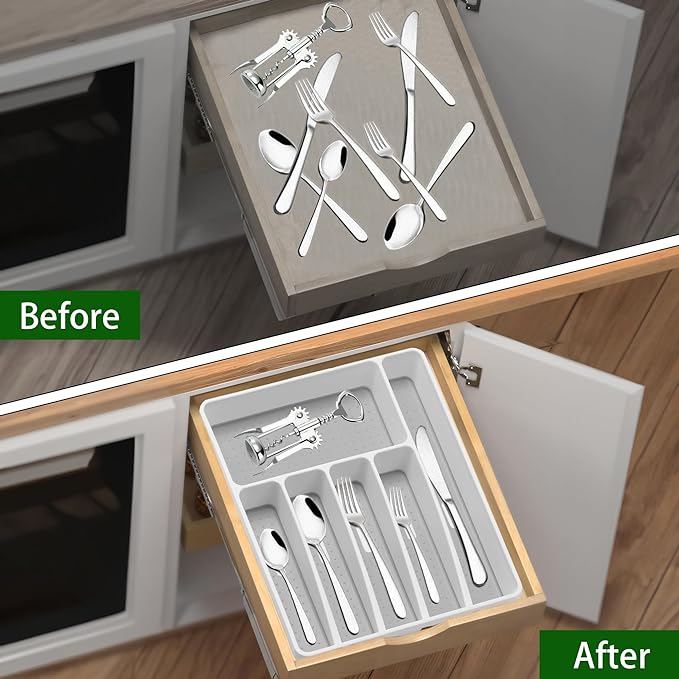 Silverware Organizer Utensil Organizer Holder Kitchen Drawer Organizer Plastic Silverware Tray for Drawer Flatware Organizer 6 Compartment White